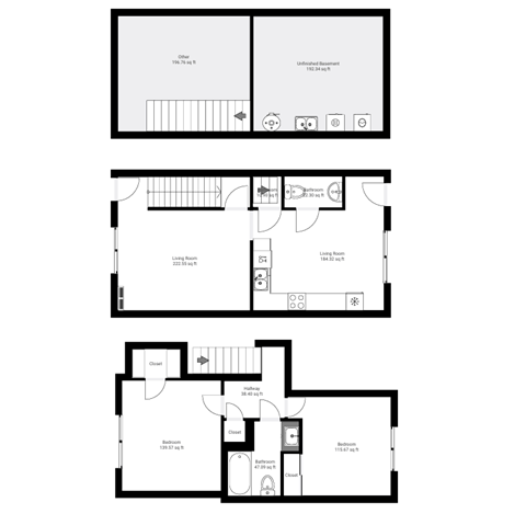 Floor plan for 2 beds, 1.5 baths, 1000 sqft